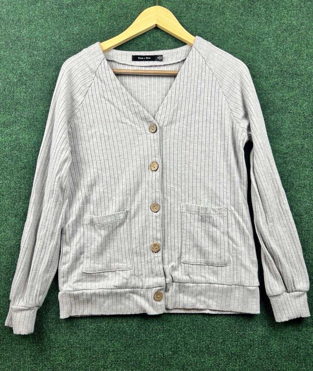 Doe & Rae Gray Rib-Knit V-Neck Button Front Raglan Cardigan Sweater S